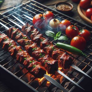 دو سیخ کباب کوبیده ایرانی روی منقل زغالی