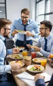یک گروه از همکاران که در محل کارشان دور یک میز در حال نهار خوردن هستند